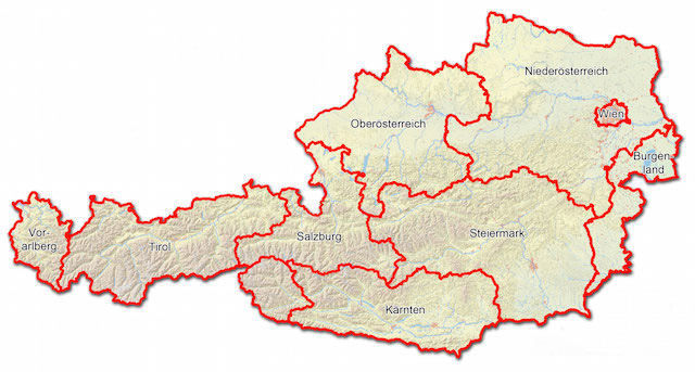 Österreichische Landkarte mit Abbildung der Bundesländer